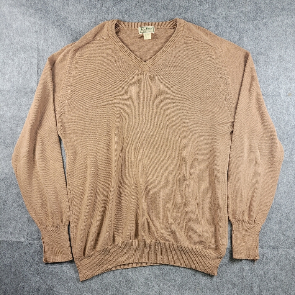 Vintage Made in USA L.L. Bean Tan V-Neck 100% Cotton Sweater Mens XL